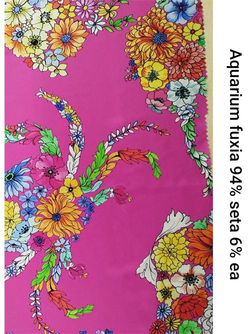 Tessuto seta stretch con soggetti marini Laboratorio Capri | SETASTRETCHAQUARIUMFUCSIA